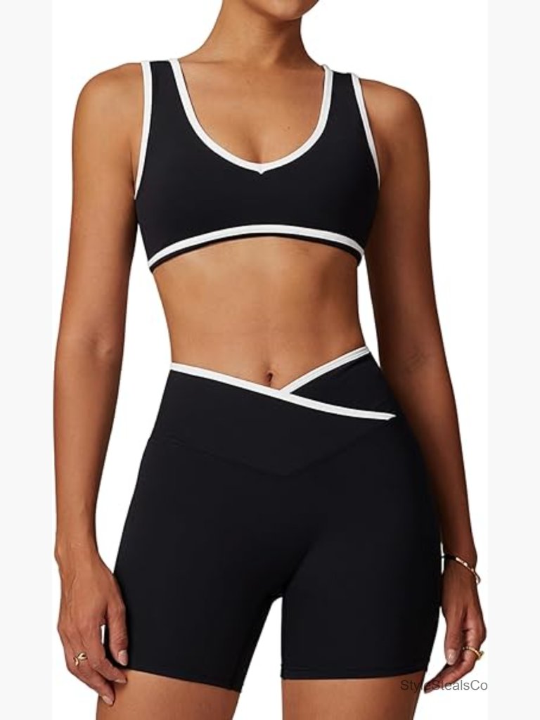 Two Piece Workout Set Color Block Sports Bra Scrunch Butt Lifting Shorts Gym